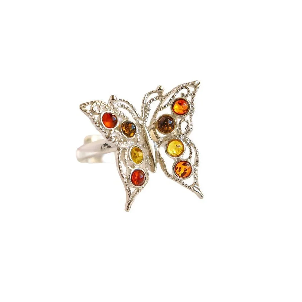 Baltic Amber Colorful Butterfly Ring in 925 Sterling Silver